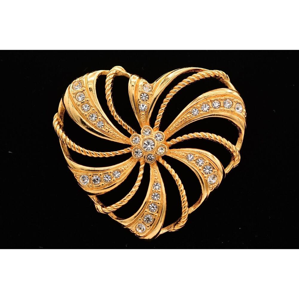 Avon Vintage Heart Pin Brooch Rhinestone Crystal Gold Chunky Large Signed BinAP